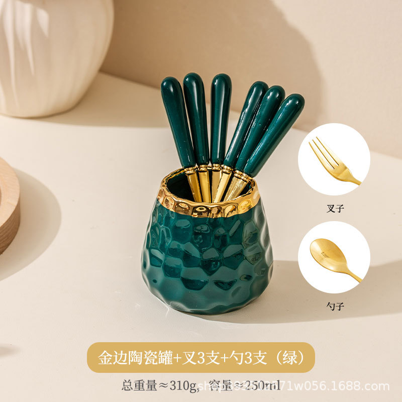 녹색 황금 가장자리 세라믹 냄비 + 포크 3 스푼 3 스푼