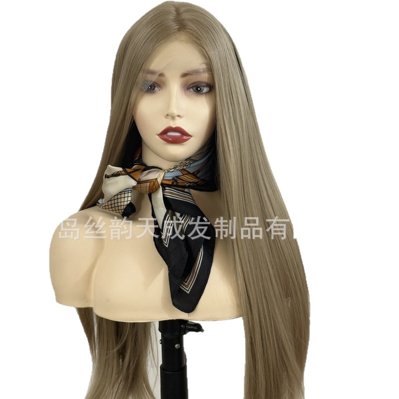 跨境Cos wig假发女亚麻金长直发手钩前蕾丝哑光高温丝全头套|undefined