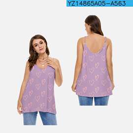 跨境大码女装夏季性感吊带复古爱心上衣夏季3D印花欧美风