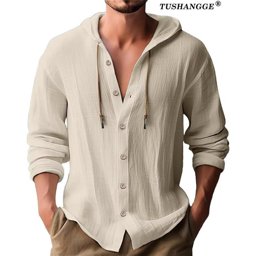 Cross-border AliExpress 2025 New Spring Men's Hooded T-Shirt Pure Cotton Linen Men's Casual Long-Sleeve Top