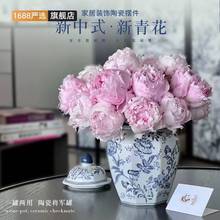 青花瓷手绘缠枝花纹八角将军罐客厅陶瓷摆件仿古装饰景德镇陶花瓶