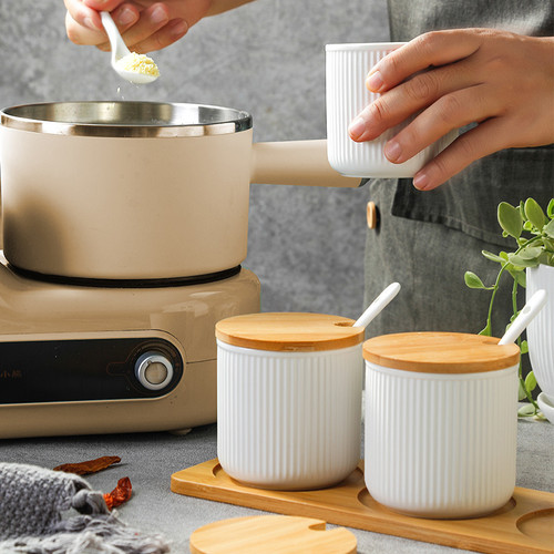 Practical Morandi Color Series Home Ceramic Spice Jar Set, Spice Box, Condiment Container with Spoon and Lid, Bamboo Tray