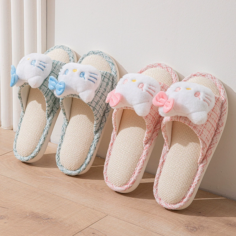 Симпатичные Kitty кошка льняные тапочки женские весенние и летние мультяшные комнатные тихие дома не вонючие ноги дышащие мягкие нижние тапочки