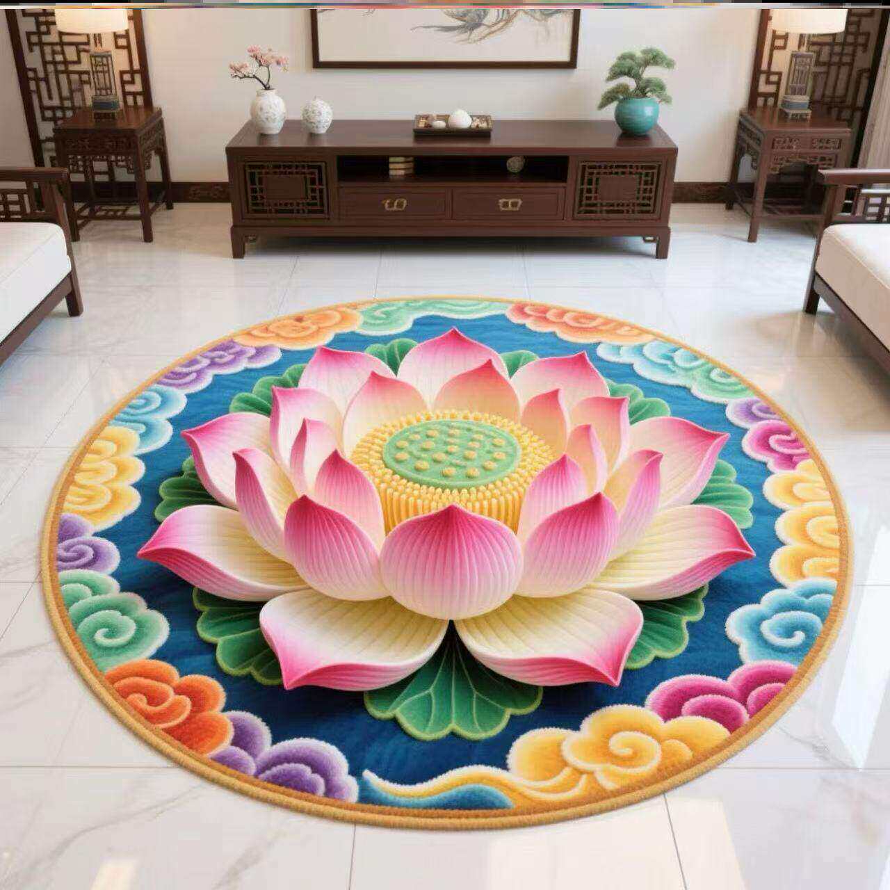 Nueva alfombra de sala de estar de loto chino, alfombra de mesa de té familiar de gran área, alfombra de cama de dormitorio fácil de cuidar