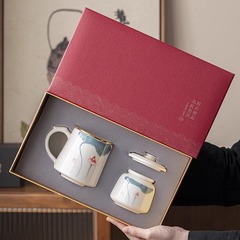 マグカップ手描き羊脂玉オフィスカップ茶器フィルター蓋付き茶水分離陶磁器ビジネスお土産ギフトボックス