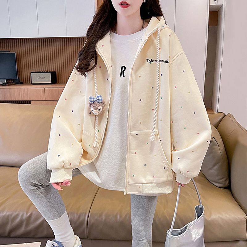 Autumn and Winter Velvet Thickened New Cute Colorful Polka Dot Cardigan Zipper Hooded Sweatshirt Jacket