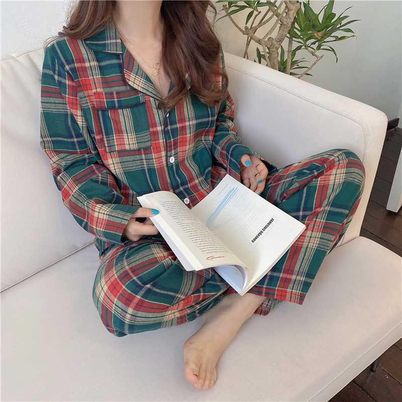 Real price Korean comfortable cotton warm autumn and winter sanding Christmas green check home clothes pajamas suit
