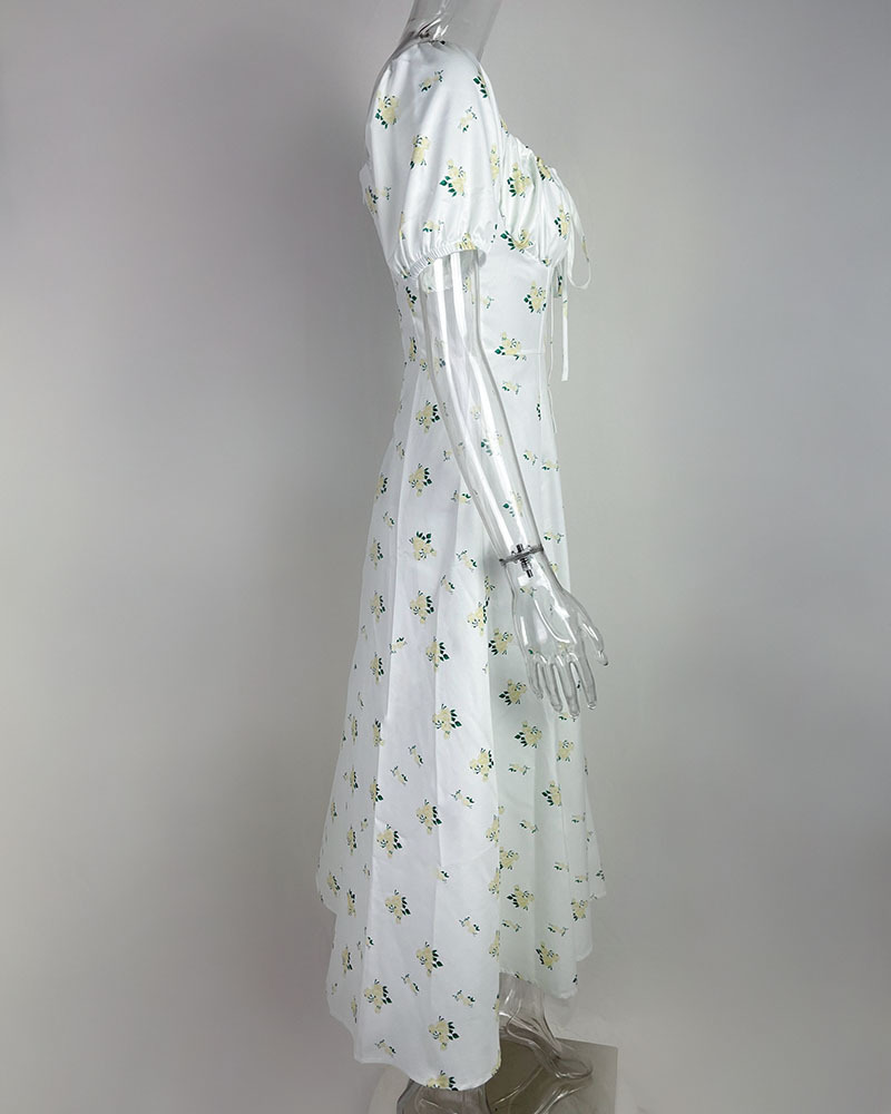 Blumenkleid Mit Puffärmeln Und Bindegürtel Für Damen Commuting_voghion.com