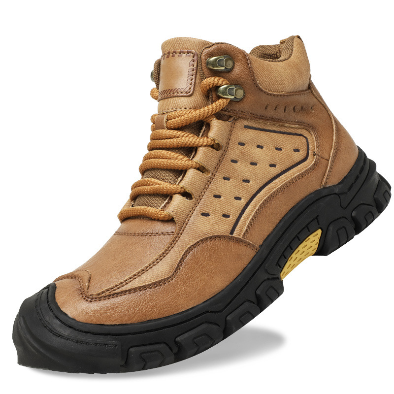 Zapatos de cuero transfronterizos para hombres zapatos de montaña para hombres zapatos de senderismo al aire libre antideslizantes suela gruesa anti-desgaste lazos de cabeza de bolsa zapatos casuales
