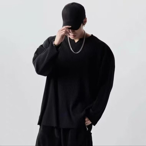 BIZHENG/ High-End V-Neck Puff Sleeve Flowy Crew Neck Silk Long-Sleeve T-Shirt for Men Loose Men's Top Spring and Autumn Clothing