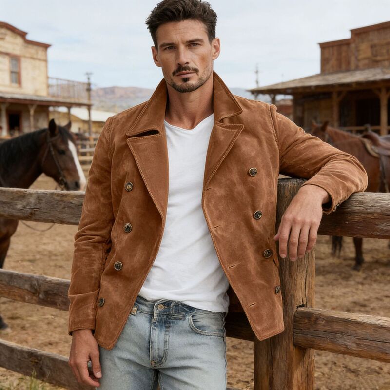 2026 New European and American Retro Suede Men's Jacket with Lapel Double-Breasted Casual Fashion Coat for Spring and Autumn 2026 New European and American Retro Suede Men's Jacket with Lapel Double-Breasted Casual Fashion Coat for Spring and Autumn