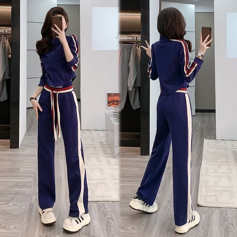 跨境条纹运动休闲套装女秋时尚潮流开衫卫衣洋气两件套抽绳阔腿裤|undefined