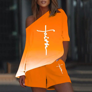 product - wholesale Summer Printed Diagonal Collar Long Sleeve Casual Loose Outfit Women - 3