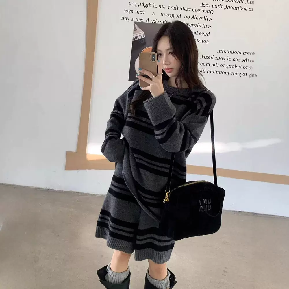 韩系100羊毛毛衣女秋冬条纹针织衫短裤两件套25新款女装时尚套装