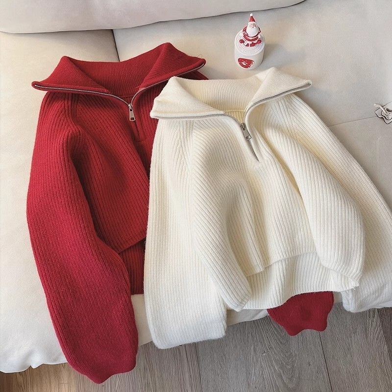 Thickened Knitted Autumn and Winter New Style Youthful Design Zippered Loose Slimming Look Lapel Lazy Sweater Top for Women with Spandex