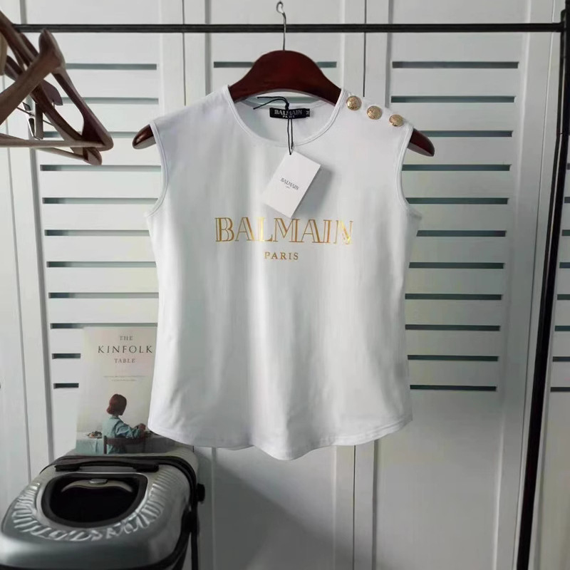 25 New Liu Yuyi with Balmain balmain Sleeveless Gold Buckle Vest Arc Hem T-shirt for Women
