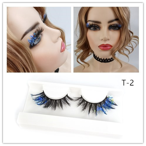 Color ojo de gato 3D pestañas postizas maquillaje de escenario natural cola de ojo brillo lentejuelas fluorescentes gruesas pestañas europeas y americanas exageradas