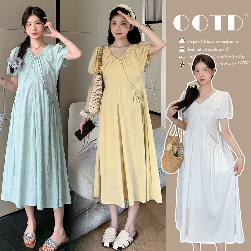 Юбка для беременных 2025, новая летняя мода, французский свободный крой, скрывающий живот, большой размер, V-образный вырез, длинная юбка, летнее платье для беременных