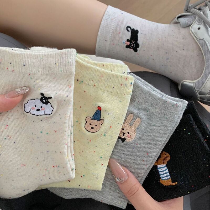 AB款点子春秋袜子女刺绣卡通动物蝴蝶结可爱ins日系少女中筒女袜|undefined
