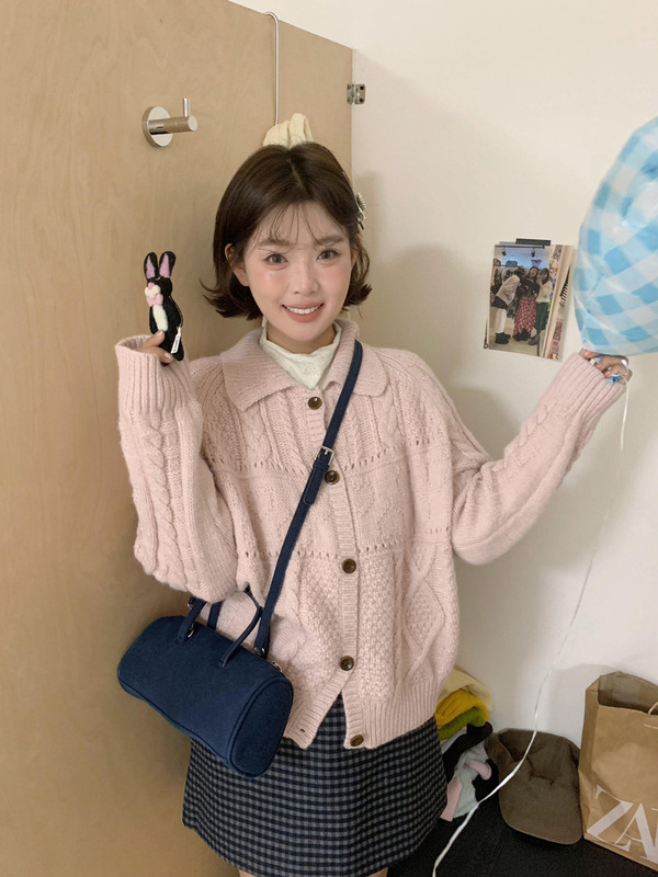 韩系甜美温柔粉色针织开衫毛衣女2025秋季翻领慵懒风外搭上衣外套|undefined