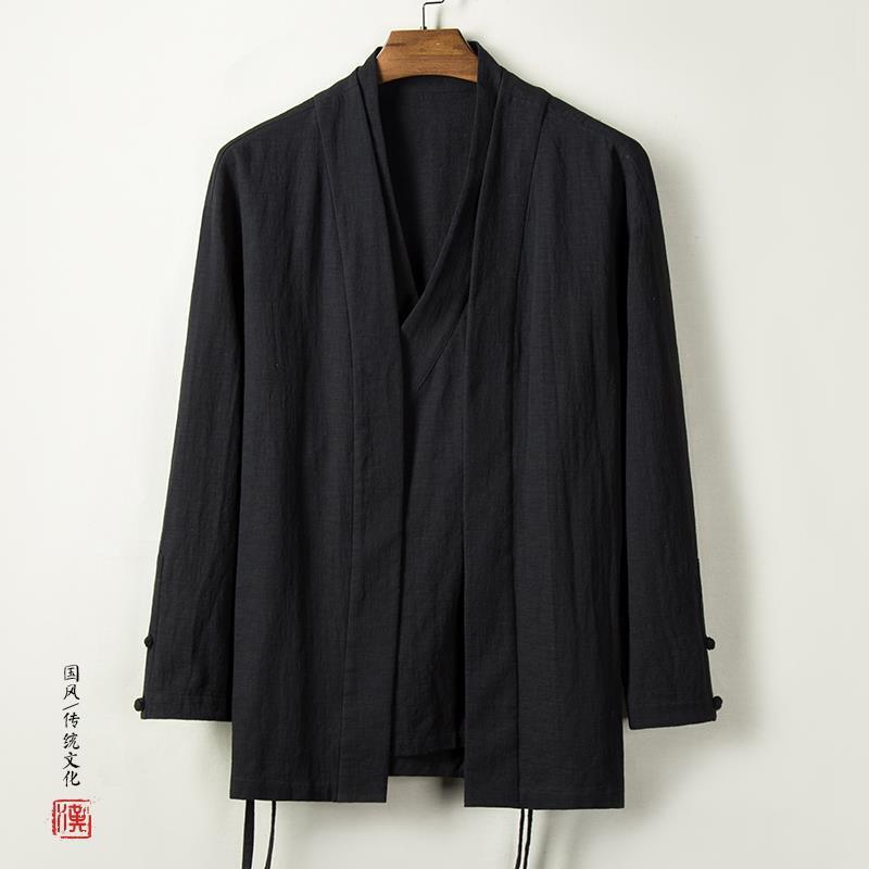 Chinese Style Linen Modified Hanfu Men's Autumn and Spring Vintage Cotton and Linen Men's Long Sleeve Chinese Style Tang Suit Coat Green