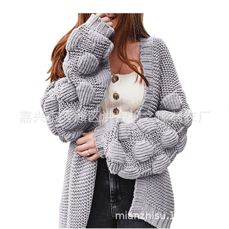 2023 European and American New Knitted Cardigan Long Solid Color Loose Large Sweater Jacket Sleeve Three-dimensional Ball Top for Women