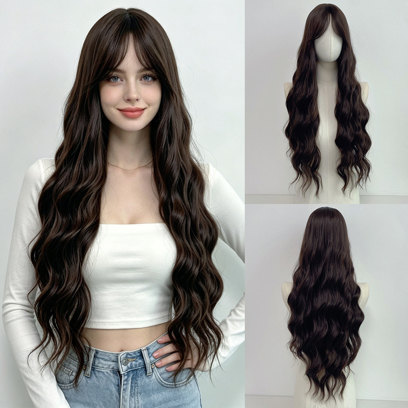 Cross-border middle-parted long curly hair matte high-temperature fiber wig with bangs for European and American women, full head wig 28 inches