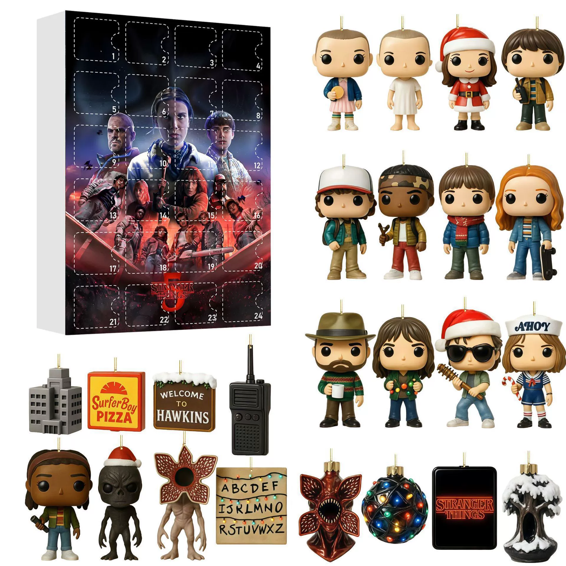 Календарь адвента (Stranger Things) акриловая подвеска обратного отсчета — 24 штуки в банке-орнаменты, размером 26×18×3 см