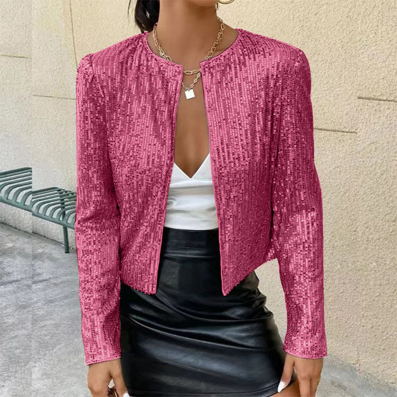 280g Weight Casual Jacket Outerwear Type Long Sleeve Sleeve Length Polyester Fabric Type Regular Top Length Coat Tops Type Holiday, Party Occasion Round Neck Neckline Slim Fit Type Solid Color Pattern Spring, Autumn Season Women's Gender Sequins Design Streetwear Style Women's Streetwear Solid Color Sequins Coat Casual Jacket 11