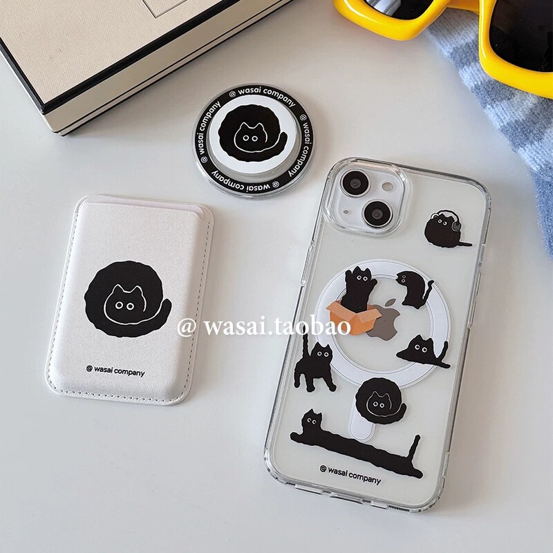 Cartoon Black Cat with Magnetic Card Holder Suitable for Apple 16Promax Mobile Phone Case Iphone17/15 Soft 13/14 Female