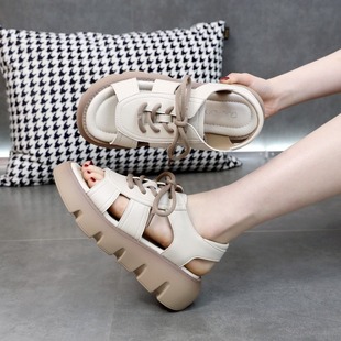 Wholesale Thick-Soled Heightening Beach Sandals 2024 Summer New Retro Casual Style Front Lace-Up Roman Sandals for Women