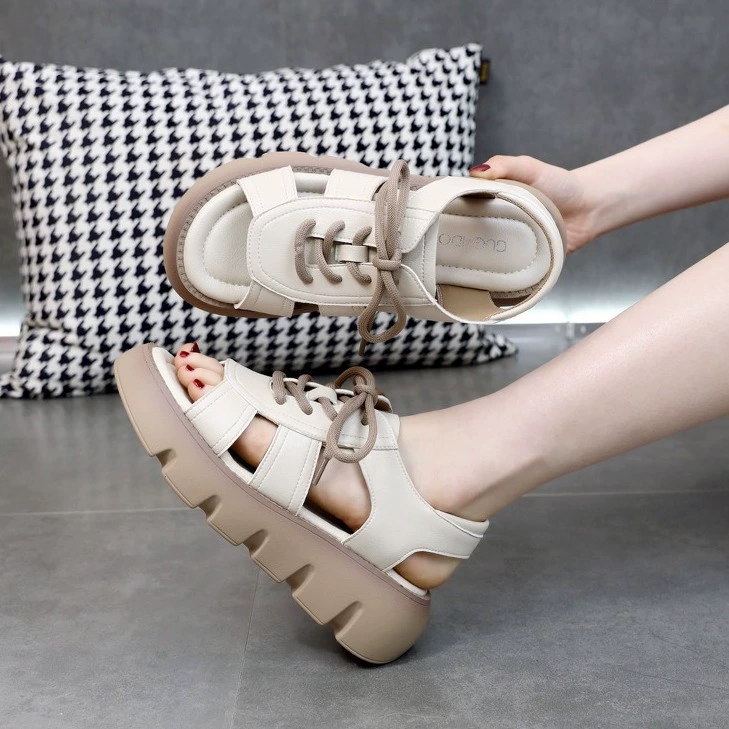 Оптовые женские пляжные сандалии на толстой подошве с увеличением роста, лето 2025, новинка, в стиле ретро, повседневные, с завязками спереди, в римском стиле