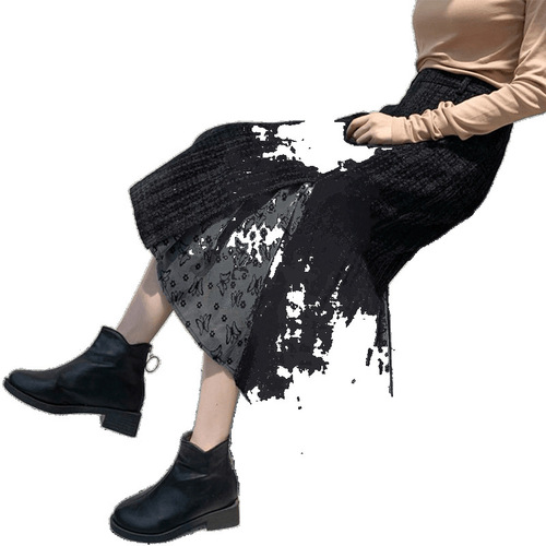 Design-sensual mid-length wool skirt for women with autumn and winter large size fat high waist slim hip-packed skirt