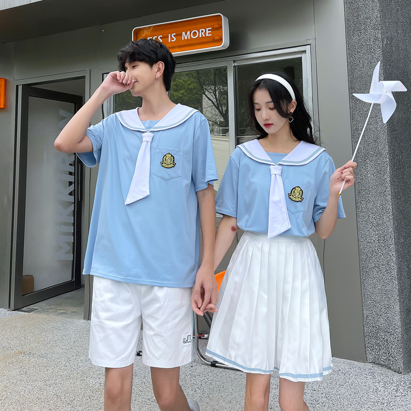 리얼 샷 커플 대학 스타일 여름 반팔 치마 세트 졸업 시즌 사진 학교 유니폼 수업 제복 학생