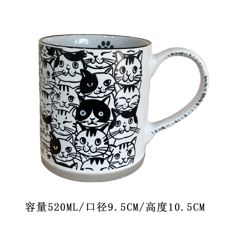 Ceramic mug hand-painted underglaze cat design, cute breakfast cup, microwave-safe