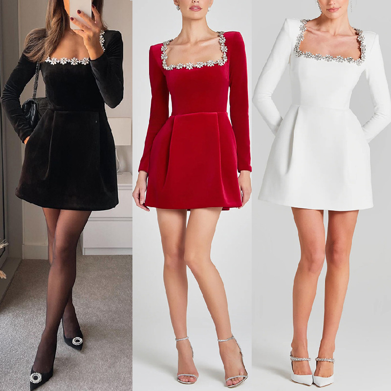 European and American Independent Online Cross-Border Trade 2025 Spring Women's Clothing Elegant Square-Neck Rhinestone Short Velvet Dress