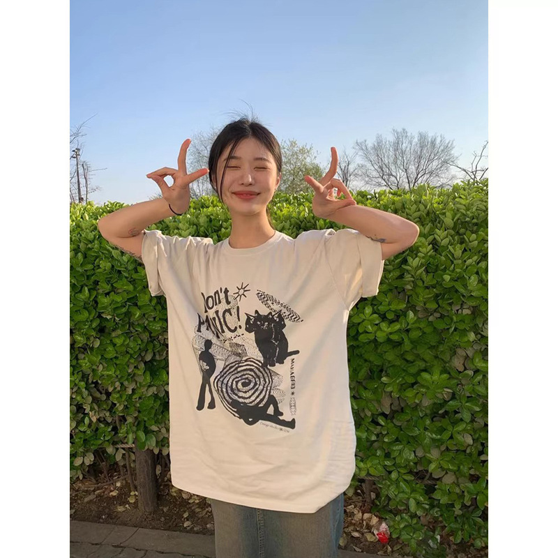 2025 New Summer Korean Designer Mahag*Id Cat Short-Sleeved T-Shirt Loose for Men and Women, Same Style as Yoon Jung-Han