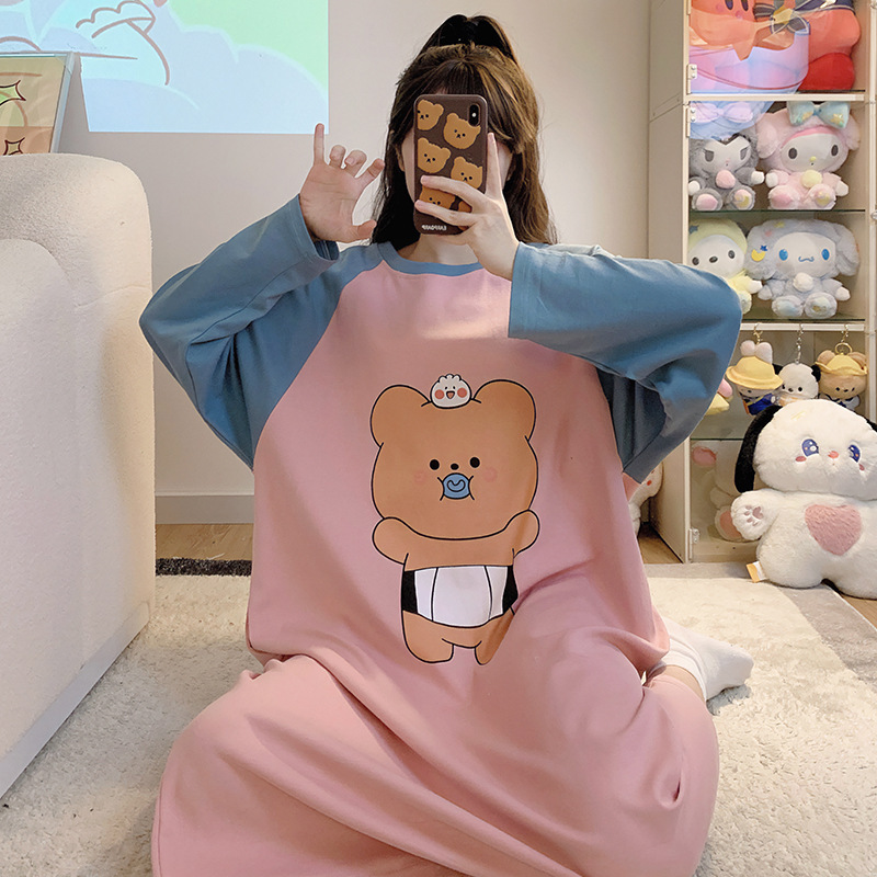 Nightdress plus size autumn cotton long-sleeved over-the-knee loose plus size dress plus size cartoon pajamas for women