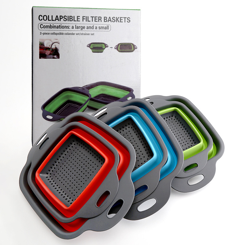 Fábrica al por mayor en stock cuadrado plegable cesta de drenaje plegable filtro de agua azul fruta retráctil Azul 2 piezas conjunto
