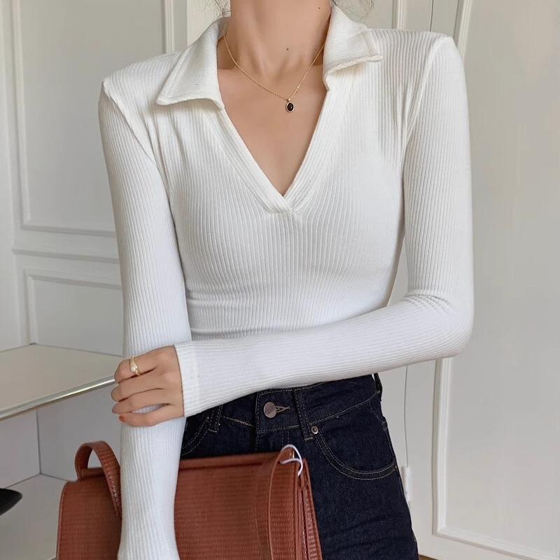 European and American hot girl sexy V-neck stretch slimming slim polo shirt retro pure desire style long sleeve bottoming shirt T-shirt top European and American hot girl sexy V-neck stretch slimming slim polo shirt retro pure desire style long sleeve bottoming shirt T-shirt top