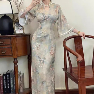 8622# [Sauvignon Blanc] New Chinese Style Elegant Big Sleeve Retro Improved Cheongsam Skirt Long