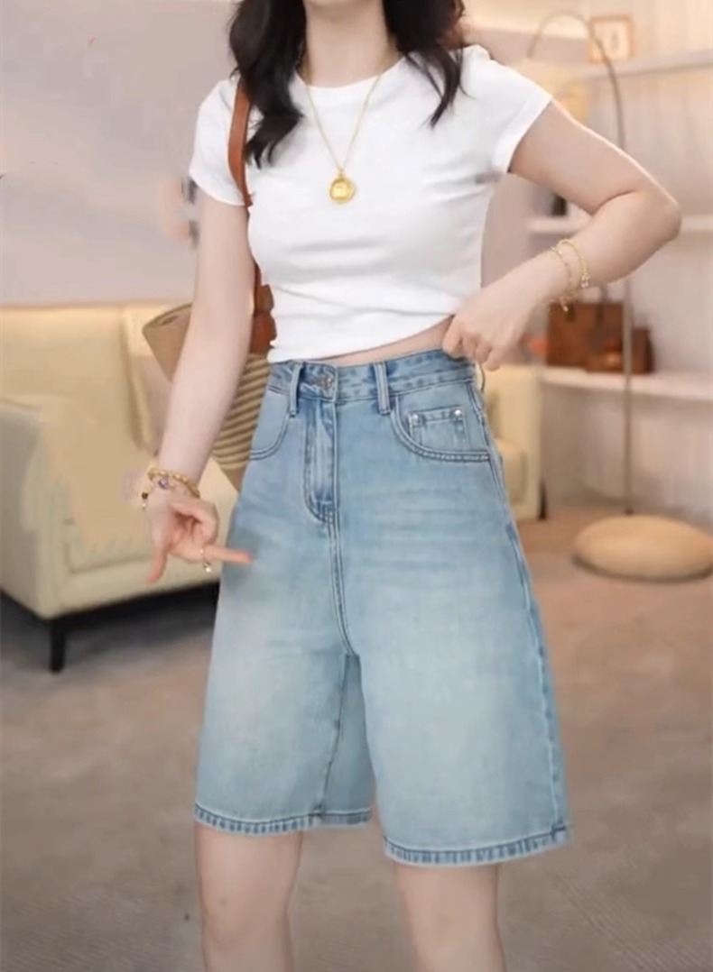 Quần short denim retro nữ lưng cao, phong cách mùa hè, mỏng nhẹ cho người dáng nhỏ — Màu xanh lam nhạt chi tiết 4