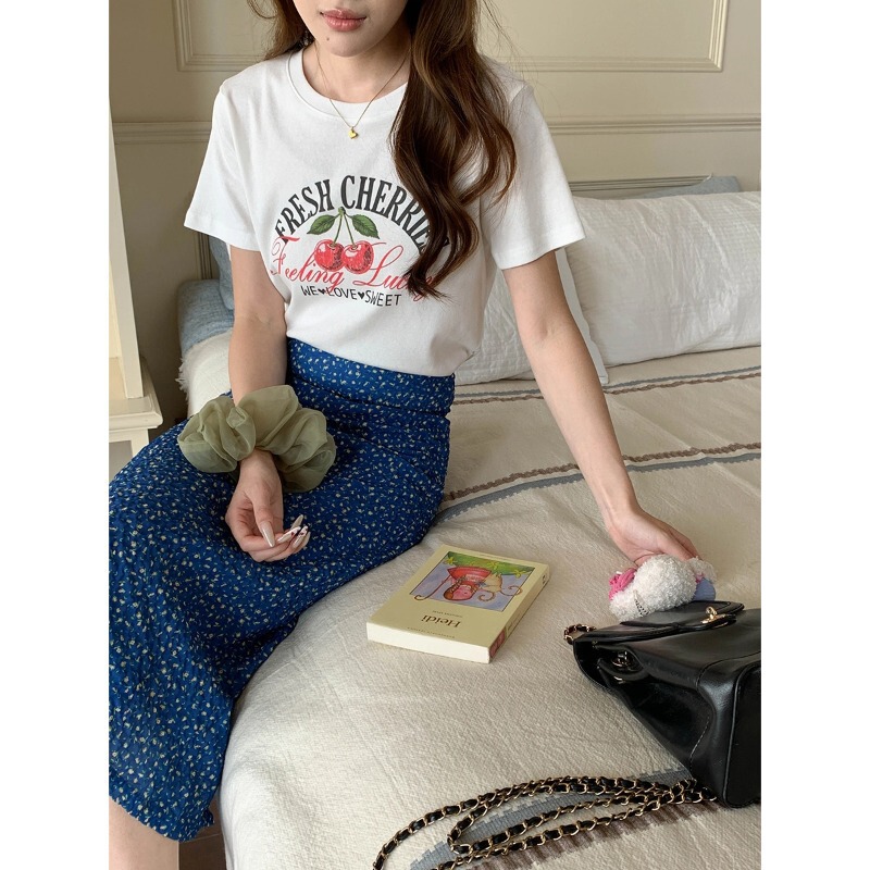 3Th Morning Sweet Cherry Letter Print Short Sleeve T-Shirt Zy4066