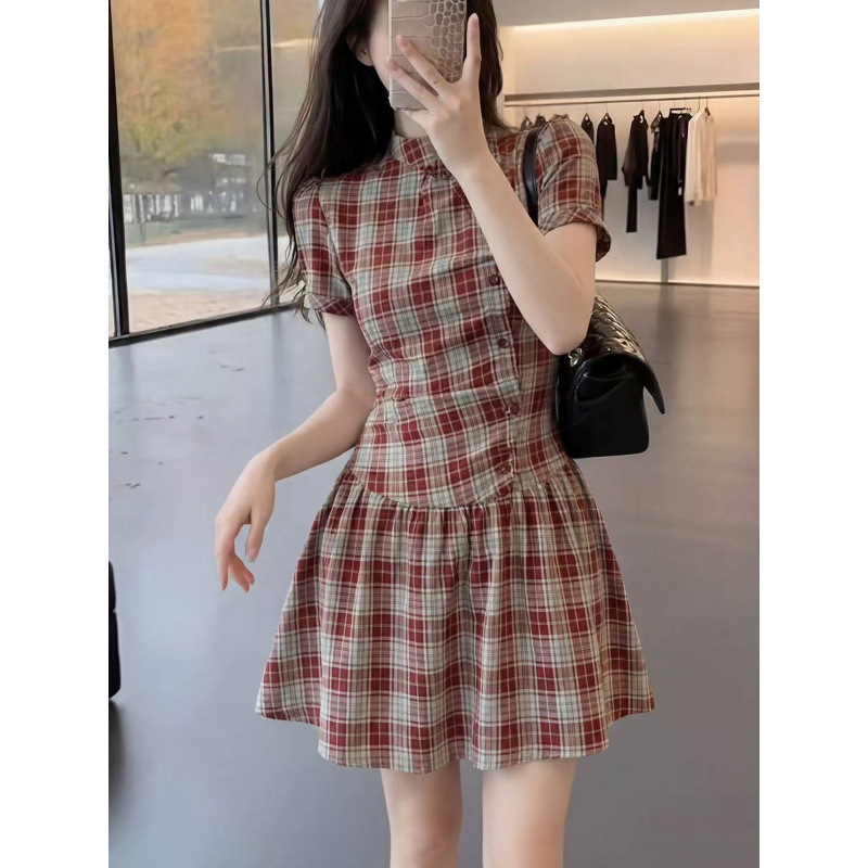 Syfs9184 French Retro Style Plaid Dress for Women 2026 New Style Work Clothing Style Waist Slimming Look Elegant Short Skirt