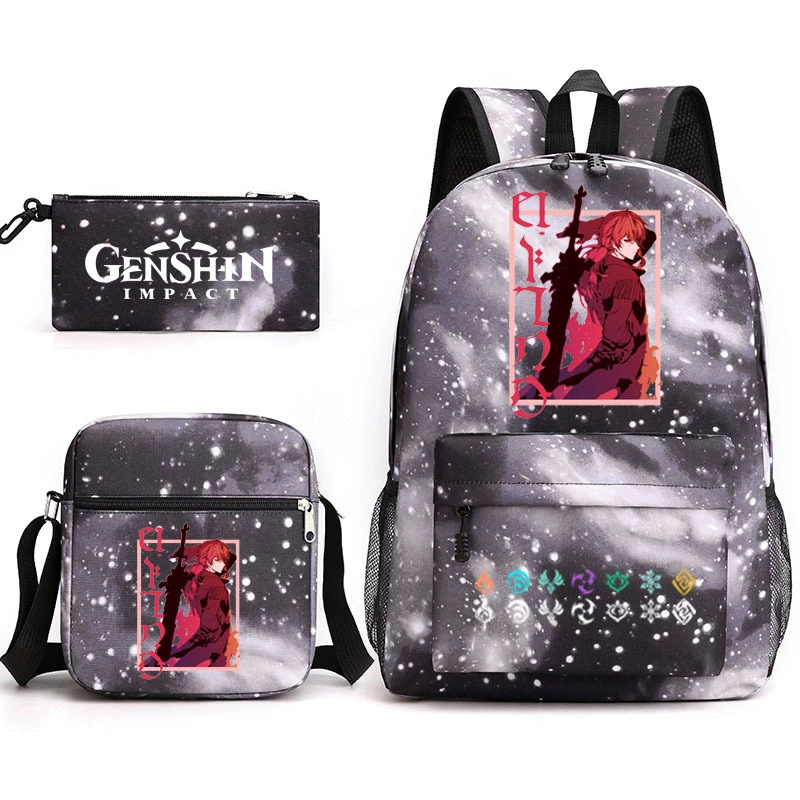 Backpack set (Genshin) 3‑piece — backpack, one‑shoulder bag, pencil case, assorted colors