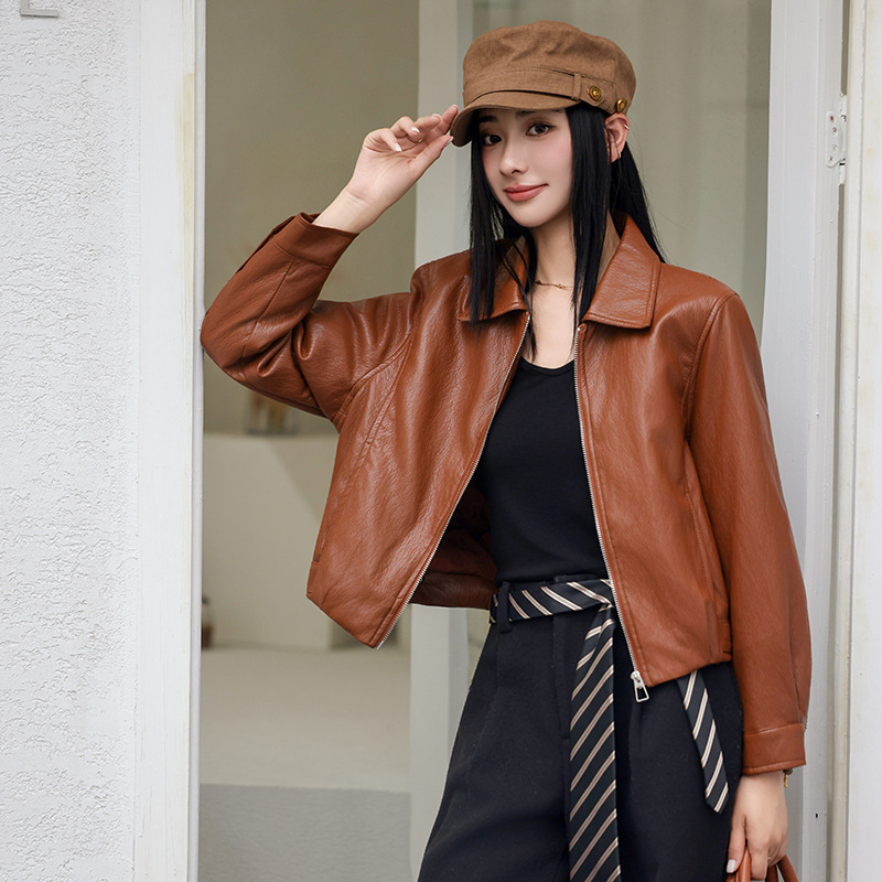 Autumn and Winter New High-End Sheepskin Oil Wax Vintage Women's Lapel Loose Fashion Leather Jacket 2025 New Model