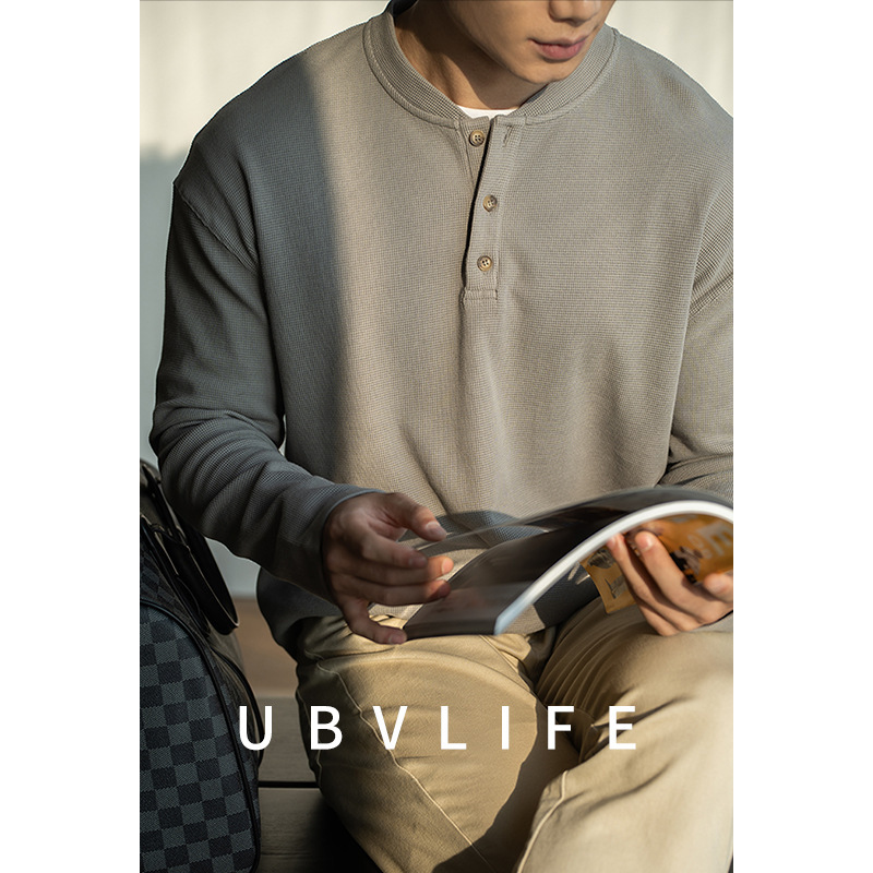 [Urban Casual Series] Waffle Baseball Collar Long Sleeve T-Shirt for Men 2026 Spring Sweatshirt Base Layer Henley Shirt