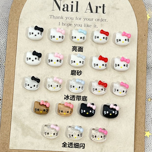 Ice Through Hello Kitty Cartoon Nail Art Accessories Pink Bow Black Leather Frosted Surface KT Cat DIY Wear Armor Accessories