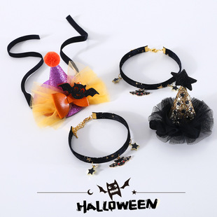 Pet Cat Dog Rabbit Halloween Sequins Lace Solid Hat Bat Bow Collar Headwear
