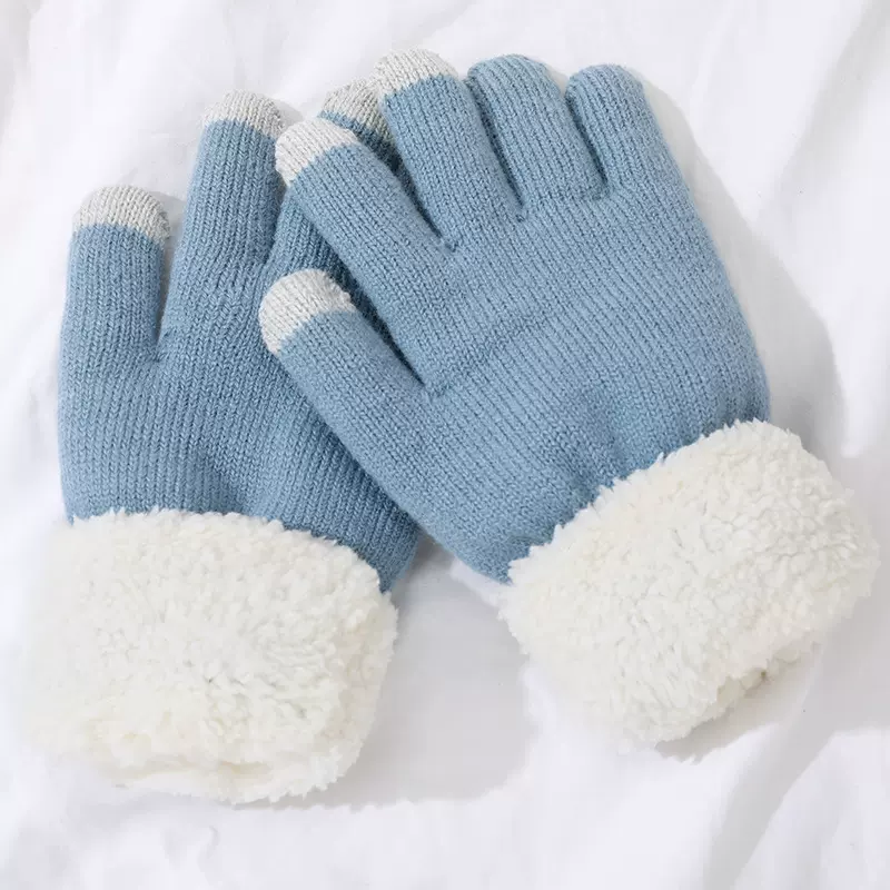 冬季双层针织手套可触屏玩手机游戏防寒保暖手套出行游玩骑行手套